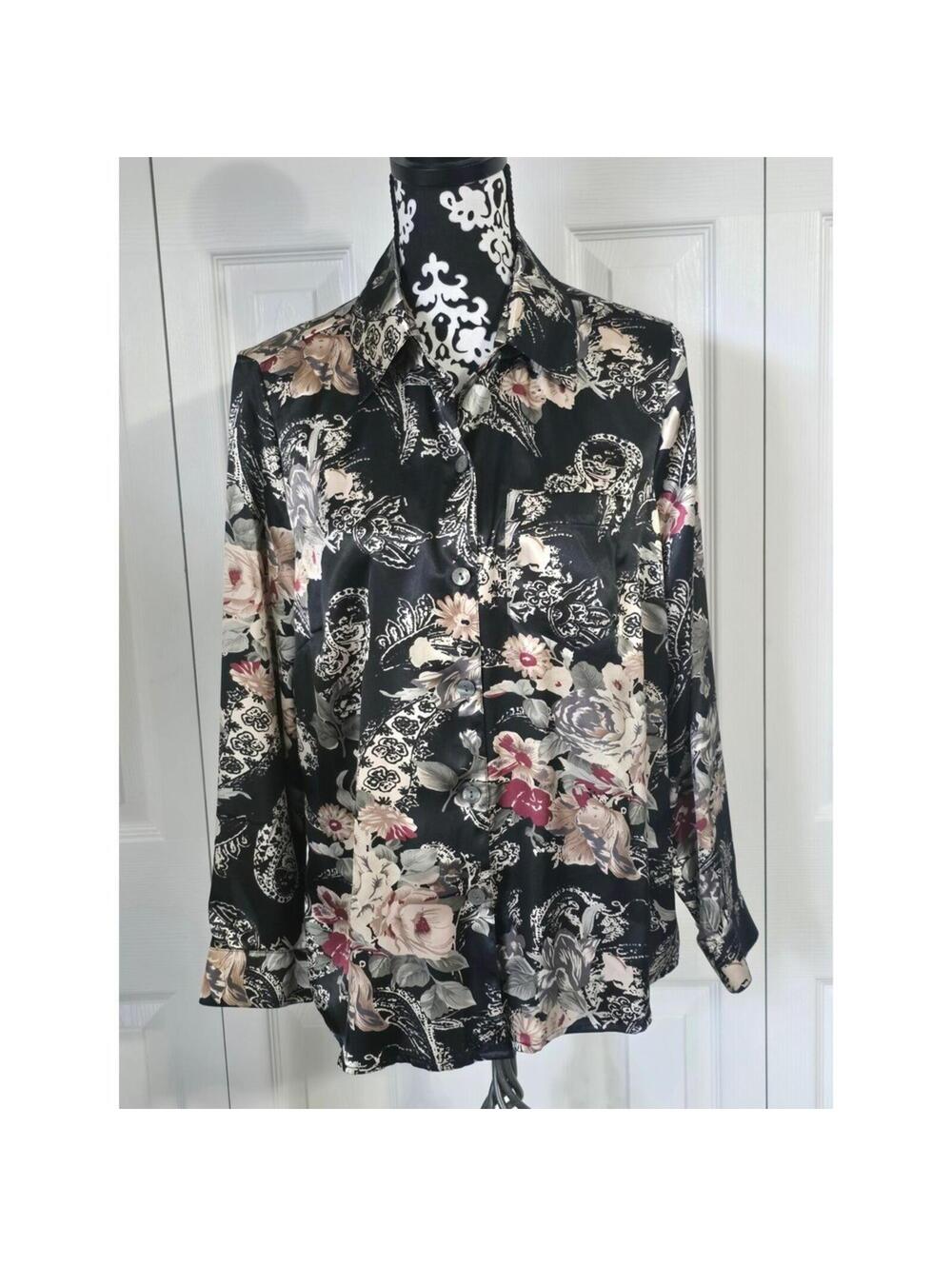 Naomi Womens Black Floral Paisley Satin Button Down Blouse Long Sleeve Size M